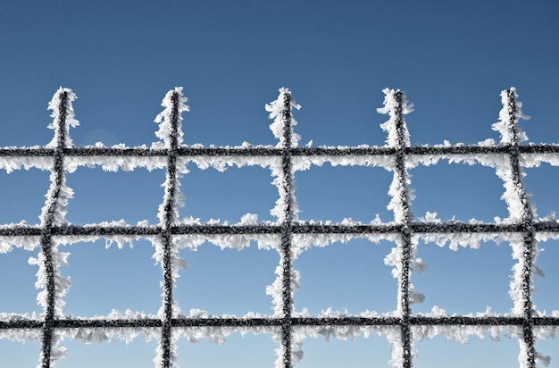 Nahaufnahme von Eiskristallen auf einem Zaun gegen einen klaren blauen Himmel