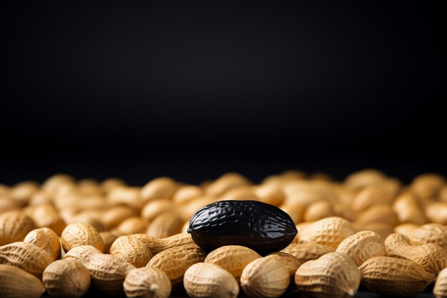 Nahaufnahme von Erdnüssen und weißen Pillen auf schwarzem Hintergrund mit Reflexion