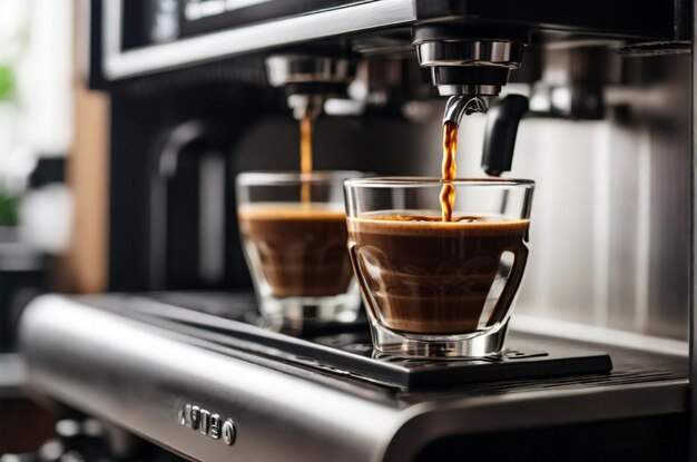 Nahaufnahme von Espresso, das aus der Kaffeemaschine gegossen wird