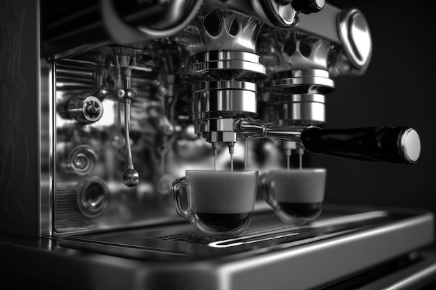 Nahaufnahme von Espresso, der aus der Kaffeemaschine gegossen wird. Professionelle Kaffeezubereitung. Generative KI