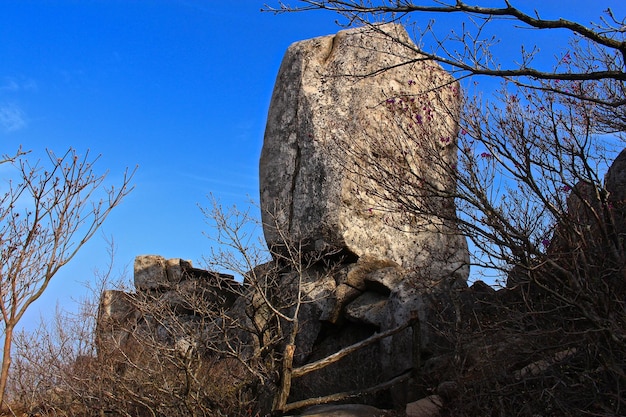 Nahaufnahme von Felsformationen auf dem Berg gegen den Himmel