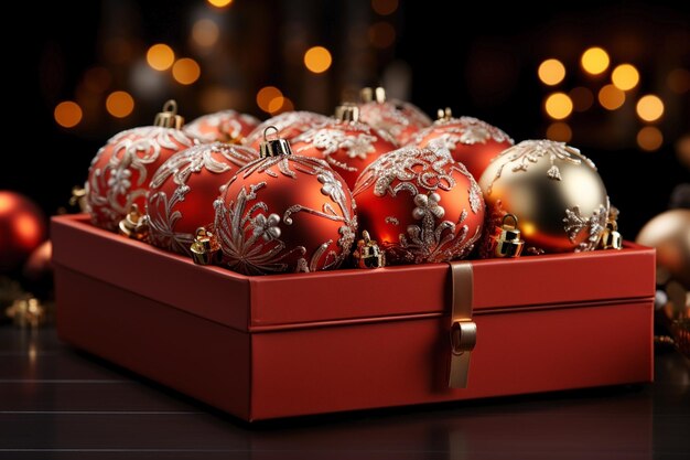 Nahaufnahme von festlichen Weihnachtskugeln in Schachteldekoration für Feiertage