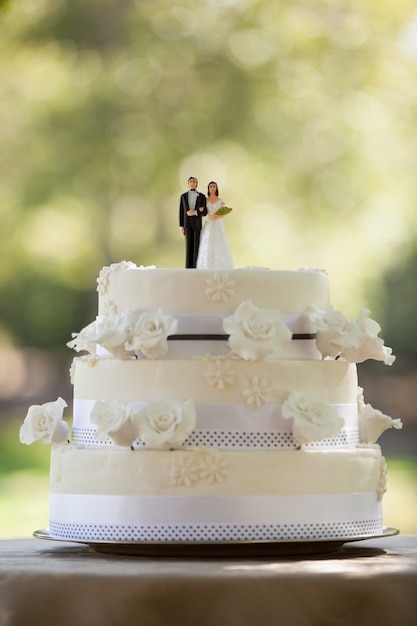 Nahaufnahme von Figürchenpaaren auf Hochzeitskuchen