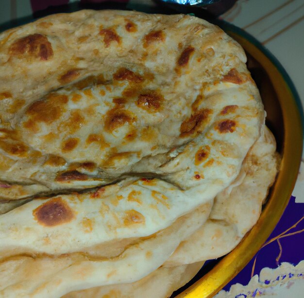 Nahaufnahme von flachen Scheiben gebackenem Roti-Brot auf dem Teller