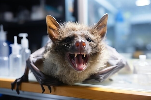 Nahaufnahme von Fledermaus im Labor auf dem Tisch in China