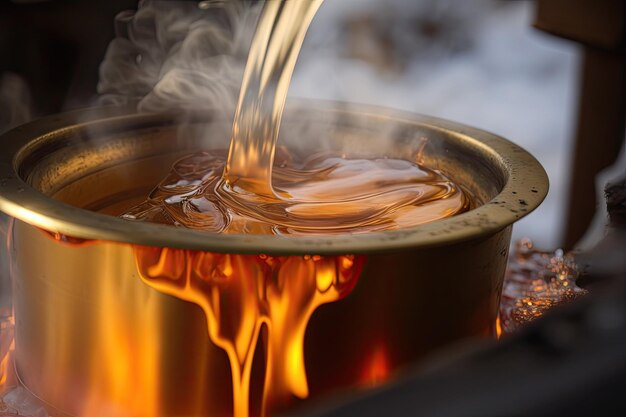 Foto nahaufnahme von fließendem ahornsaft mit dampf, der aus dem mit generativer ki erzeugten verdampfer aufsteigt