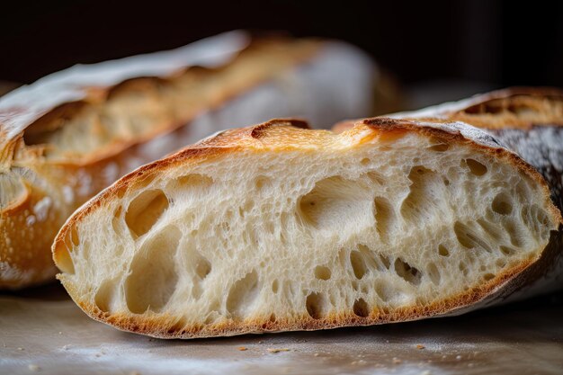 Nahaufnahme von frisch gebackenem Baguette mit knuspriger Außenseite und zähem Inneren, erstellt mit generativer KI