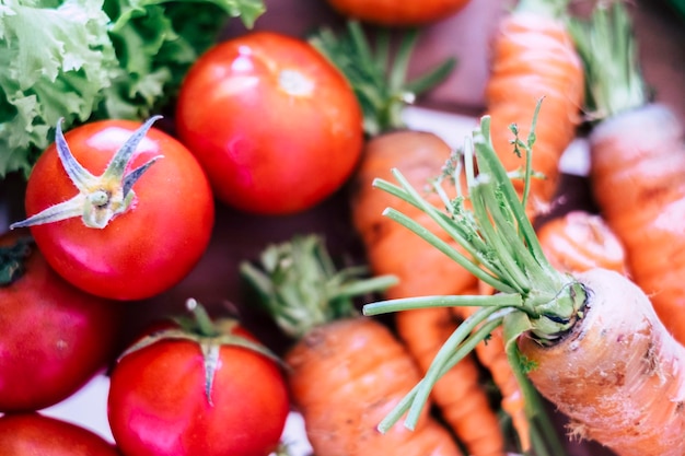 Nahaufnahme von frischem biologischem Gemüse wie Karotten und Tomaten auf dem Tisch Gesunder Ernährungsstil mit Vitamin Salatzutaten Hofladen Null Kilometer Konzeptgeschäft