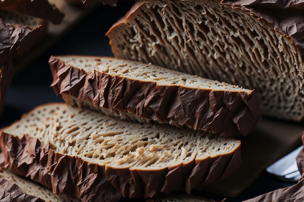 Nahaufnahme von frischem und appetitlichem Vollkornbrot, das eine gesunde und ausgewogene Ernährung darstellt. Generiert von KI