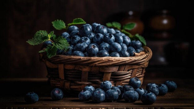 Nahaufnahme von frischen Blaubeeren in einem Bambuskorb mit verschwommenem Hintergrund und guter Aussicht