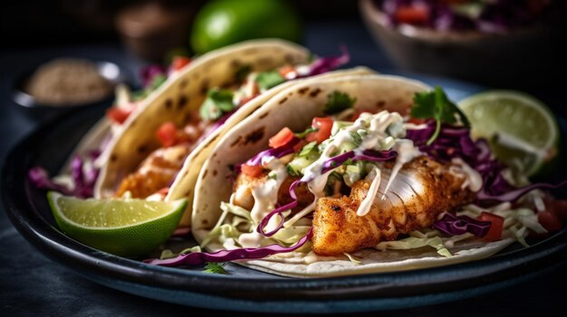 Nahaufnahme von frischen Fisch-Tacos mit Krautsalat-Avocado-Salsa in einer generativen Mehl-Tortilla