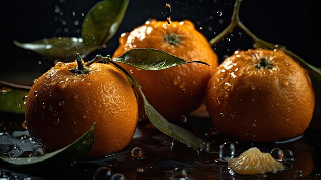 Nahaufnahme von frischen Orangen, getroffen von Wasserspritzern mit schwarzem, unscharfem Hintergrund