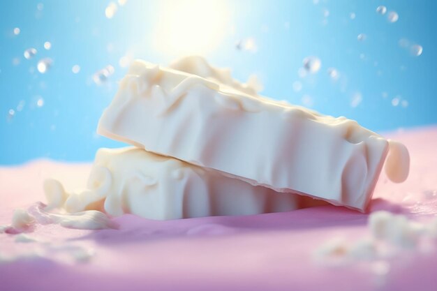 Nahaufnahme von frischer Milch, die um weiße Schokoladenriegel auf einem rosa und blauen Hintergrund mit Sonnenstrahlen spritzt