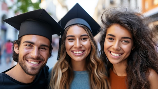 Foto nahaufnahme von fröhlichen, fröhlichen hochschulabsolventen, die ein diplom erhalten und ihr studium abschließen