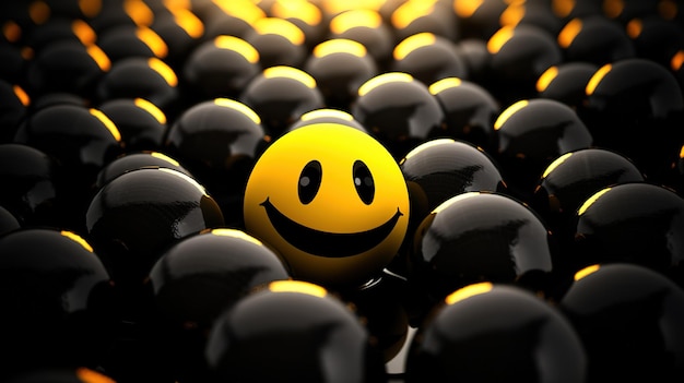 Nahaufnahme von fröhlichen gelben Emojis, die unter anderen Emojis platziert sind, die Positivität und Freude symbolisieren