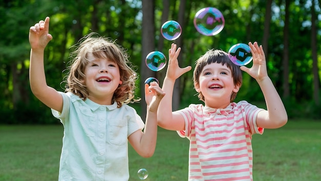 Nahaufnahme von fröhlichen Kindern, die mit Seifenblasen spielen