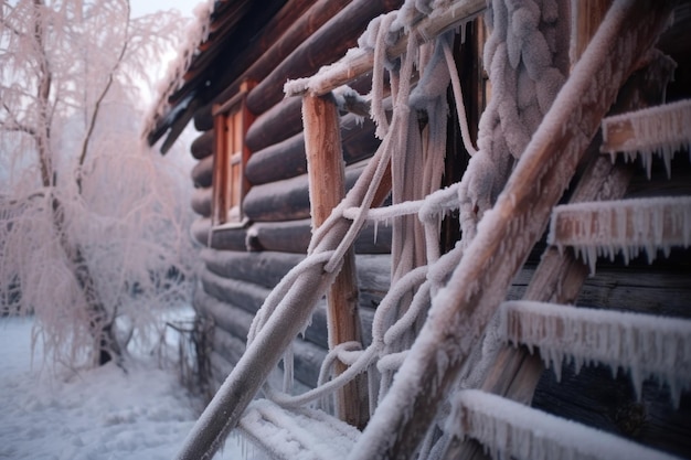 Nahaufnahme von frostigen Holzplanken und Strickleitern, erstellt mit generativer KI