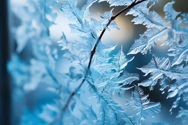 Nahaufnahme von Frostmustern, die sich auf einer Fensterscheibe bilden, Winterkunstwerk der Natur