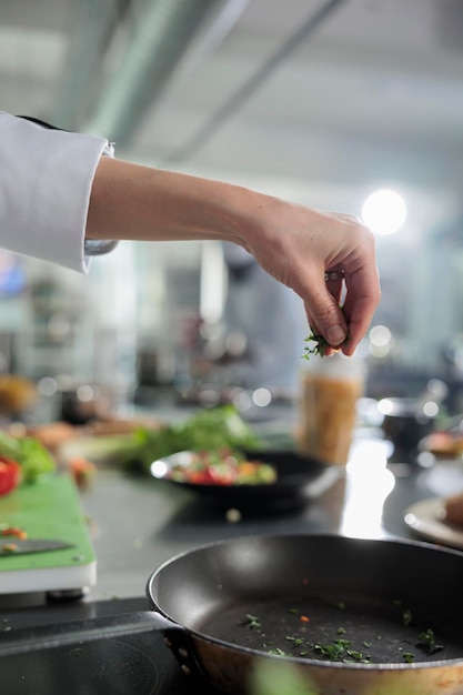 Nahaufnahme von Gastronomieexperten beim Garnieren von Gourmetgerichten mit gehackten frischen Kräutern in der Restaurantküche. Küchenchef kocht Essen für das Abendessen und fügt Zutaten zum Essen hinzu.