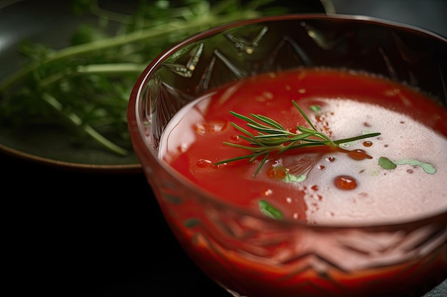 Nahaufnahme von Gazpacho mit sichtbaren Tropfen Saft und Kräutern