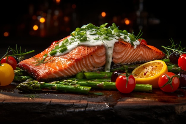 Nahaufnahme von gebackenem Lachs mit grünen Bohnen