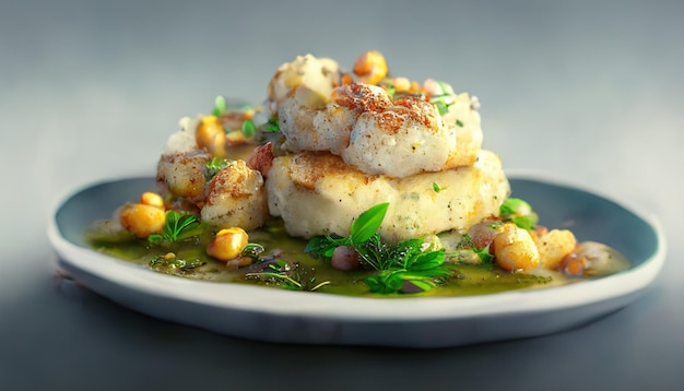 Nahaufnahme von gebratenem Kabeljaufilet mit Gemüsebratkartoffeln und Kirschtomaten auf Holztisch