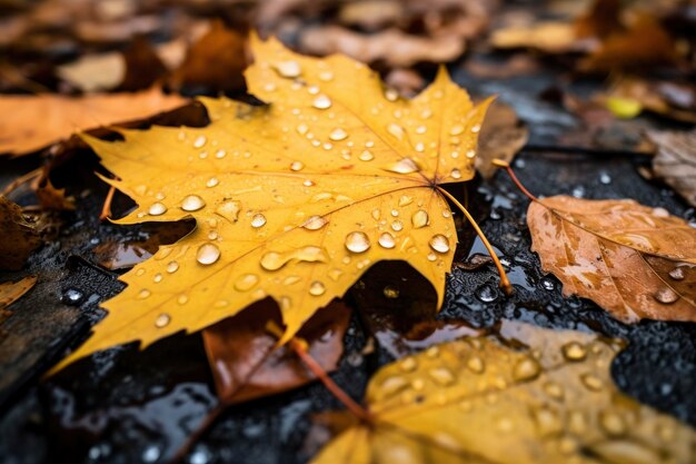 Nahaufnahme von gefallenen Blättern auf dem Boden im Herbst, bedeckt mit Regentropfen