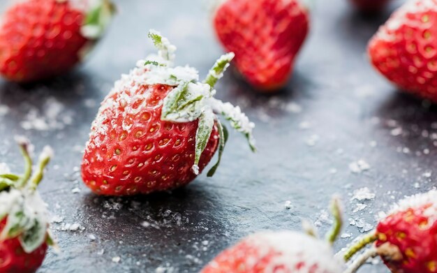 Nahaufnahme von gefrorenen Erdbeeren, die von Frost bedeckt sind