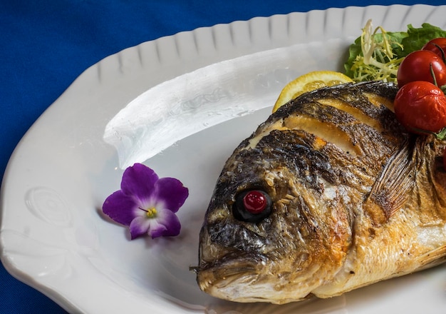 Nahaufnahme von gegrilltem Dorado mit gebackenen Cherry-Tomaten, die auf dem Tisch serviert werden