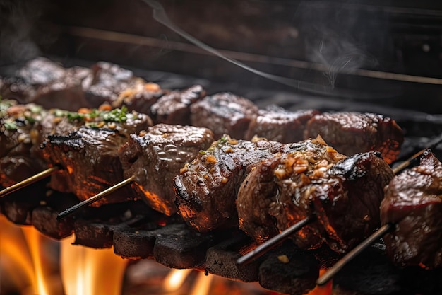 Nahaufnahme von gegrilltem Rindfleisch-Shishkabob mit tropfendem und brutzelndem Saft