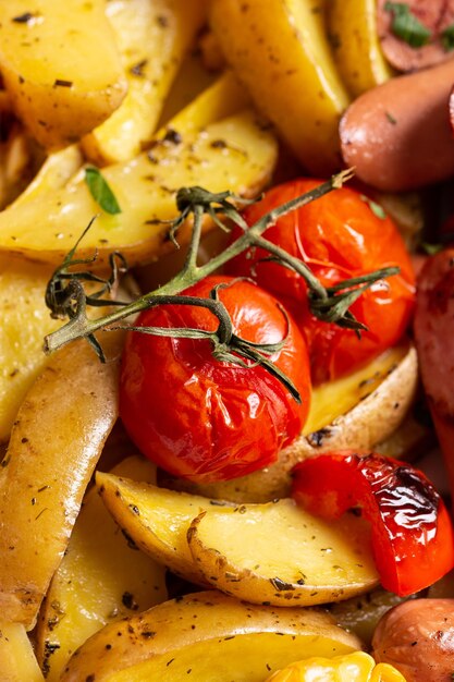 Foto nahaufnahme von gegrillten würstchen mit kartoffeln