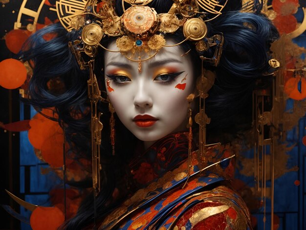 Nahaufnahme von Geisha aus Glasuhr Motorhead biomechanische Biopunk Geisha süß groß golden