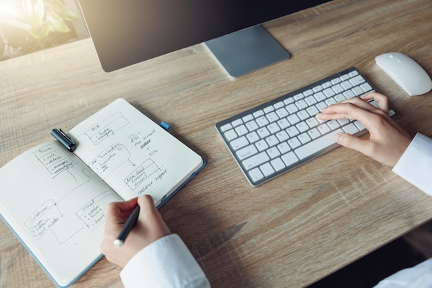 Nahaufnahme von Geschäftsfrauenhänden, die mit der Tastatur des Computers arbeiten und sich Notizen im Büro machen