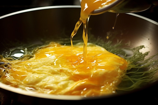 Nahaufnahme von geschlagenen Eiern, die in eine heiße Pfanne gegossen werden, um ein Omelett zu machen