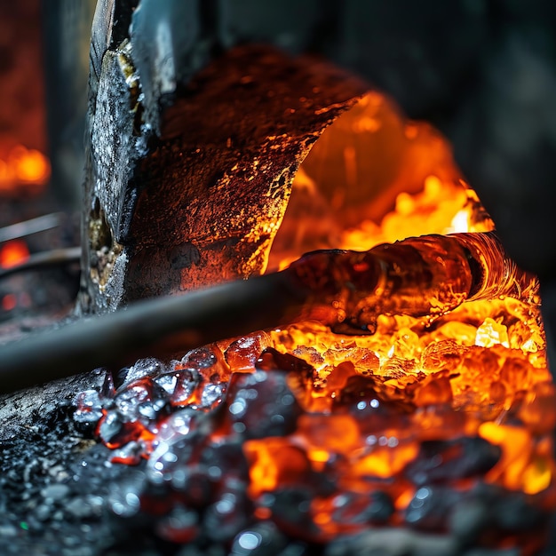 Nahaufnahme von geschmolzenem Glas in einem Hochtemperatur-Glasblasofen