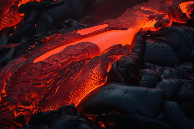 Nahaufnahme von geschmolzener Lava, deren feuriges rotes Leuchten durch den Fluss sichtbar ist