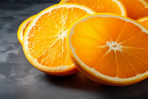 Nahaufnahme von geschnittenen, gehackten und ganzen frischen Orangen aus der Vitaminquelle auf grauem Hintergrund