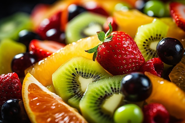 Nahaufnahme von geschnittener Birne in einem Fruchtsalat