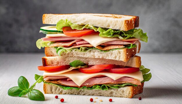 Nahaufnahme von gestapelten gesunden Sandwiches mit Tomaten, Gemüse und Truthahn BLT