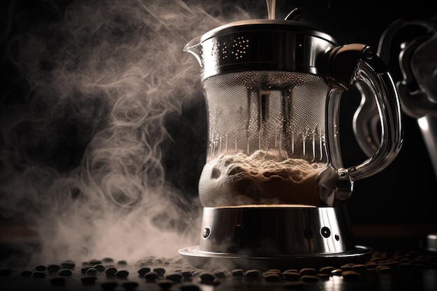 Nahaufnahme von Geysir-Kaffeemaschinen mit dampfendem und heißem Wasserstrahl