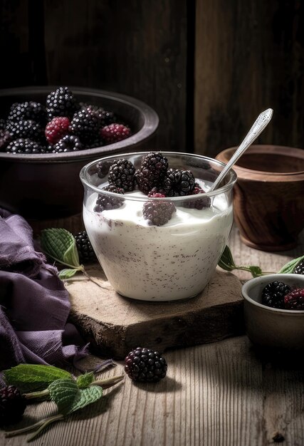 Nahaufnahme von Glas mit Walnuss-Granola gemischt mit Blaubeeren und Joghurt, das auf einem Holzschneidbrett in der Nähe des Glases mit Generative AI-Technologie erstellt wurde