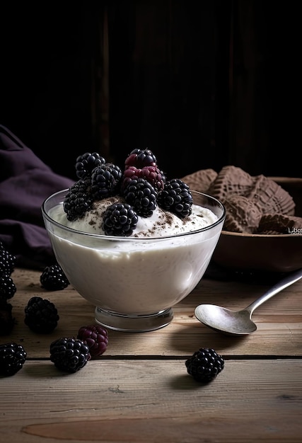 Nahaufnahme von Glas mit Walnuss-Granola gemischt mit Blaubeeren und Joghurt, das auf einem Holzschneidbrett in der Nähe des Glases mit Generative AI-Technologie erstellt wurde