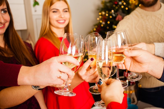 Nahaufnahme von glücklich lächelnden Freunden, die während der Winterferien ein Ereignis feiern. Menschen jubeln mit Gläsern mit Champagner mit Tanne im Hintergrund