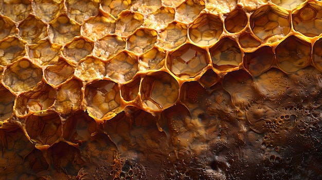 Nahaufnahme von Golden Honeycomb Texture Natural Beehive Detail Perfekt für Biologie, Bildung und Kunstprojekte KI