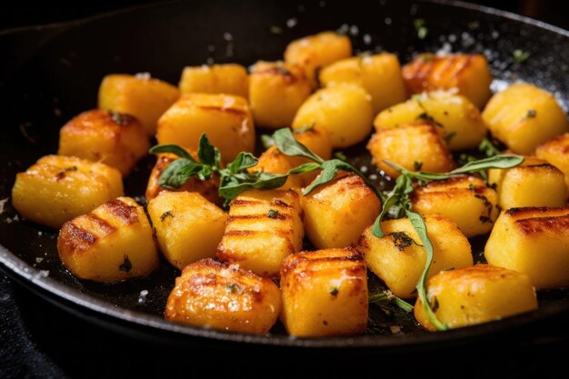 Nahaufnahme von goldenbraunen gebratenen Gnocchi