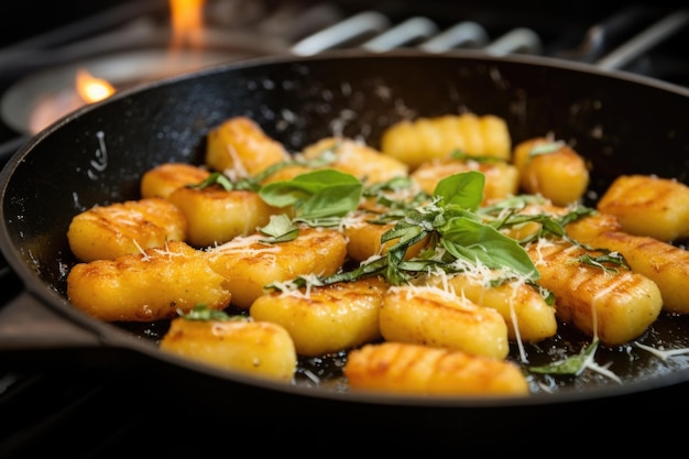 Nahaufnahme von goldenbraunen gebratenen Gnocchi