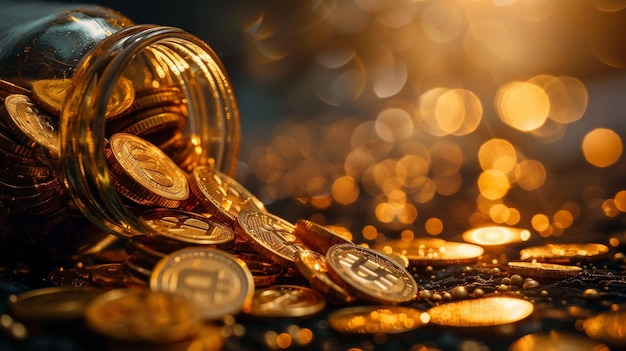 Nahaufnahme von Goldmünzen, die aus einem Krug, der die Akkumulation von Reichtum darstellt, ausgelaufen sind
