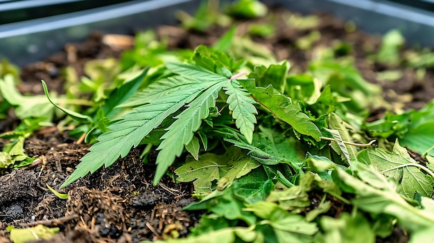 Foto nahaufnahme von grünen hanfblättern landwirtschaftlicher anbau von cannabis für medizinische und pflanzliche zwecke