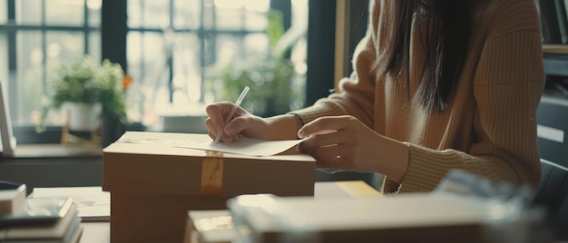 Nahaufnahme von Händen, die auf ein Paket in einer gemütlichen Büroecke schreiben