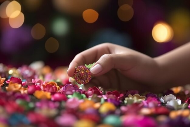 Nahaufnahme von Händen, die bunte Blumen für islamische Dekorationen arrangieren